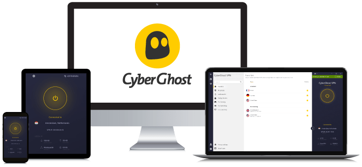 Laptop, Tablet, Smartphone and Desktop PC showing the CyberGhost VPN Logo and App interfaces