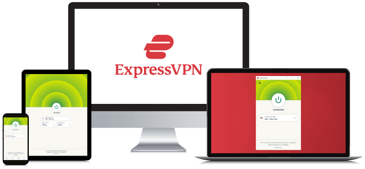 Laptop, Tablet, Smartphone and Desktop PC showing the Express VPN Logo and App interfaces