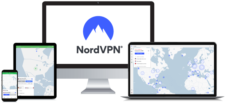 Laptop, Tablet, Smartphone and Desktop PC showing the NORD VPN Logo and App interfaces