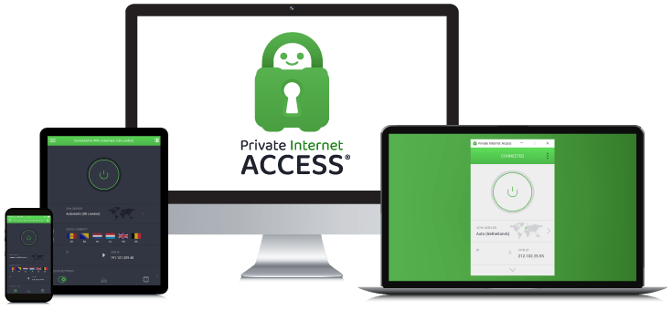 Laptop, Tablet, Smartphone and Desktop PC showing the Private Internet Access VPN Logo and App interfaces