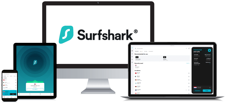 Laptop, Tablet, Smartphone and Desktop PC showing the Surfshark VPN Logo and App interfaces